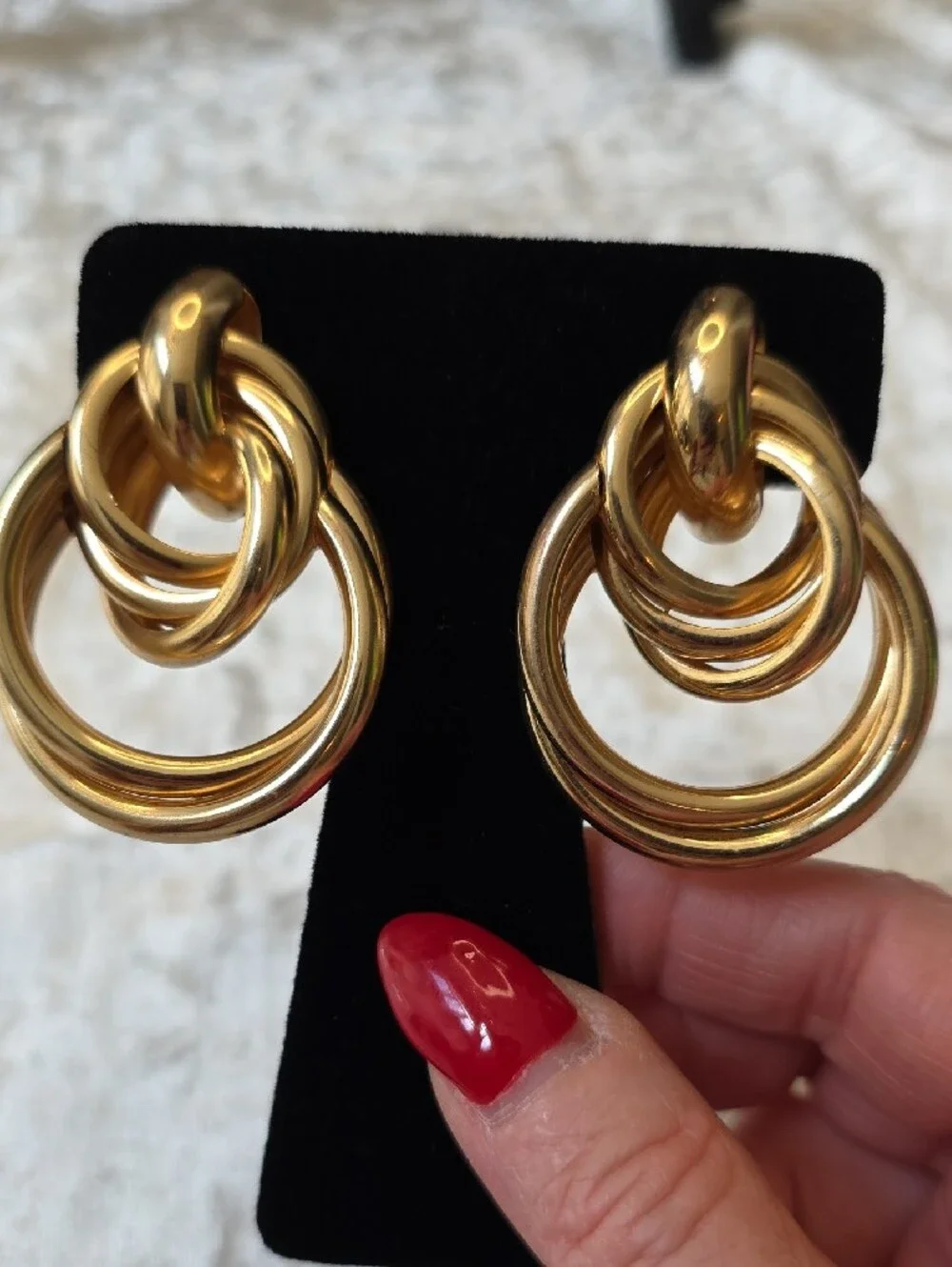 Polished Statement Gold-Tone Interlocking Triple Hoop Drop Earrings